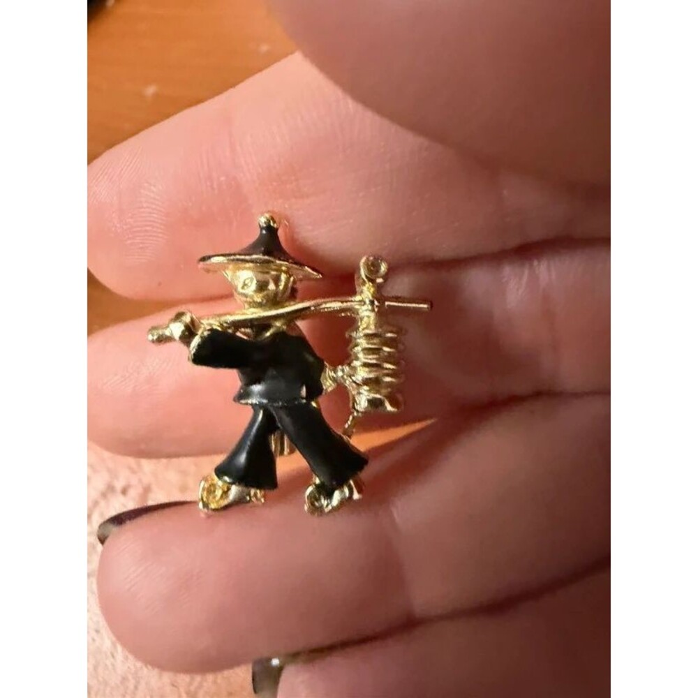 Vintage Asian Figural Brooch Chinese Farmer Carrying Yoke Gold Tone Enamel Pin